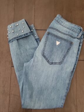 Guess Light Blue Cropped Pearl-Cuff Jeans